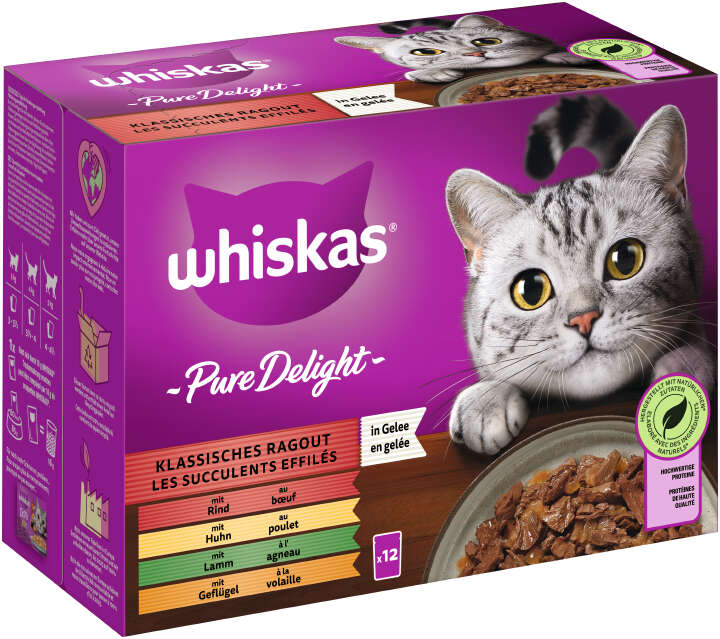 whiskas Katzen-Nassfutter PURE DELIGHT Portionsbeutel Multipack Klassisches Ragout in Gelee 12 x 85g